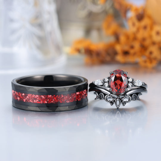 Vintage Oval Red Garnet Tungsten Ruby Couples Ring Set 925 Sterling Sliver Black His and Hers Wedding Band