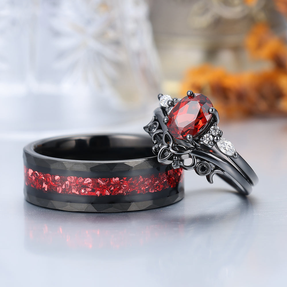 Vintage Oval Red Garnet Tungsten Ruby Couples Ring Set 925 Sterling Sliver Black His and Hers Wedding Band