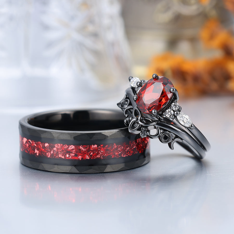 Vintage Oval Red Garnet Tungsten Ruby Couples Ring Set 925 Sterling Sliver Black His and Hers Wedding Band