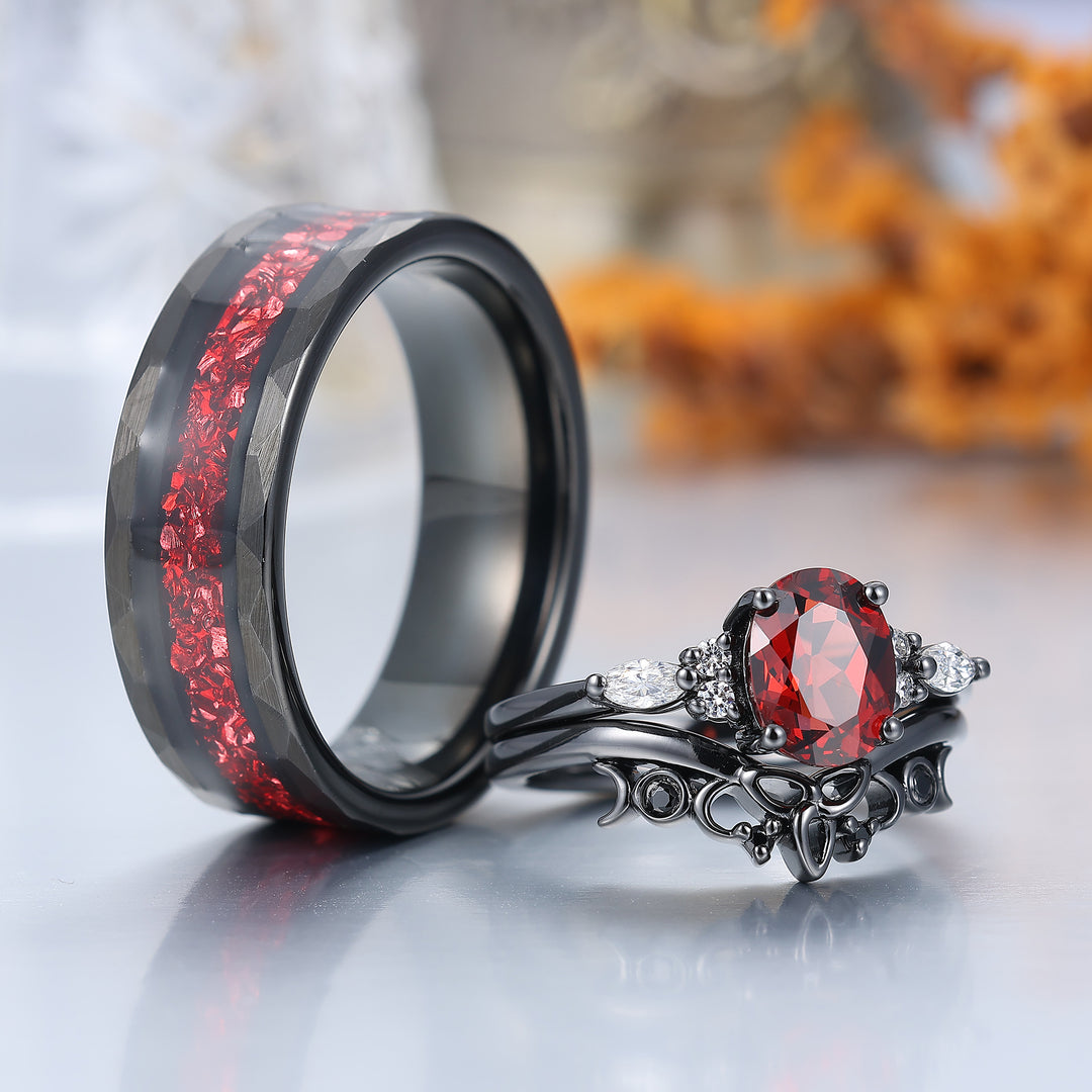 Vintage Oval Red Garnet Tungsten Ruby Couples Ring Set 925 Sterling Sliver Black His and Hers Wedding Band