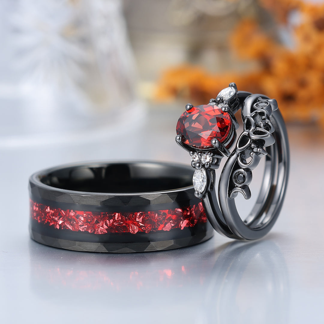 Vintage Oval Red Garnet Tungsten Ruby Couples Ring Set 925 Sterling Sliver Black His and Hers Wedding Band