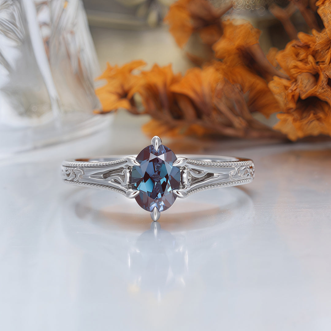 Art Deco Solitaire Oval Alexandrite Engagement Ring Filigreed Prong Setting Wedding Ring For Women -  Esdomera.com