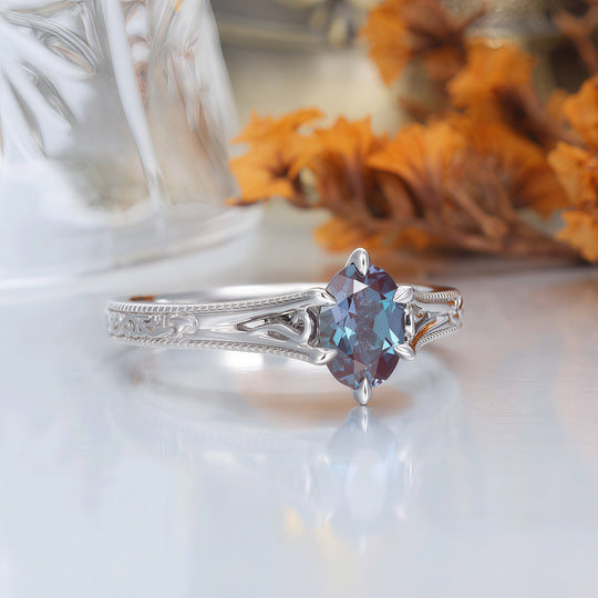 Art Deco Solitaire Oval Alexandrite Engagement Ring Filigreed Prong Setting Wedding Ring For Women -  Esdomera.com