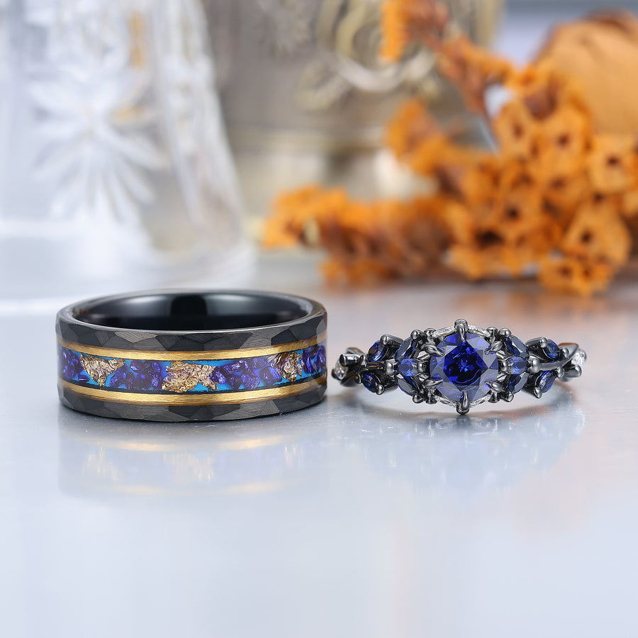 Blue Sapphire and Black Tungsten Wedding Ring Set for Couples -  Esdomera.com