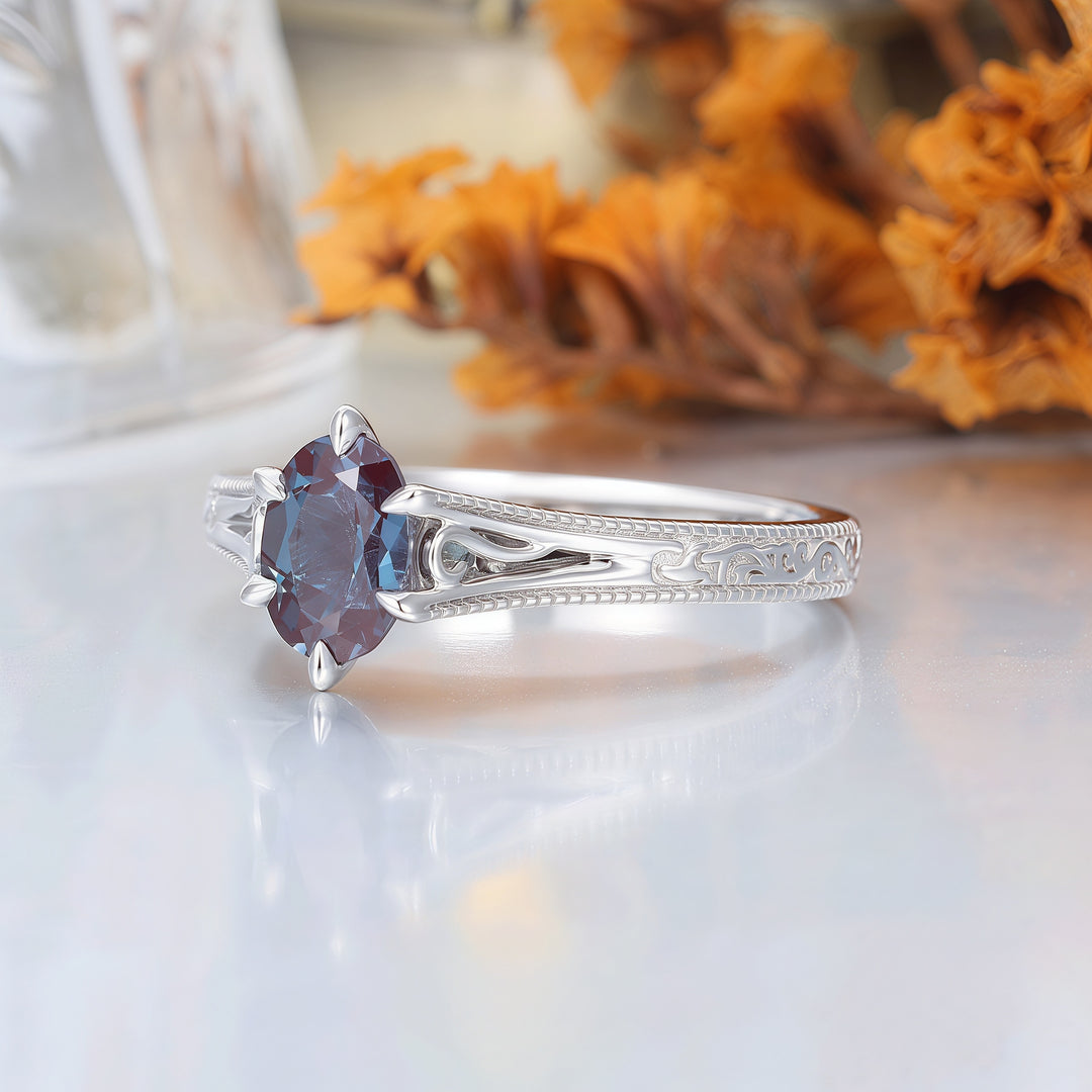 Art Deco Solitaire Oval Alexandrite Engagement Ring Filigreed Prong Setting Wedding Ring For Women -  Esdomera.com