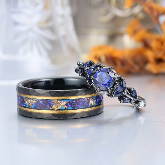 Ensemble de bagues de mariage en saphir bleu et tungstène noir pour couples