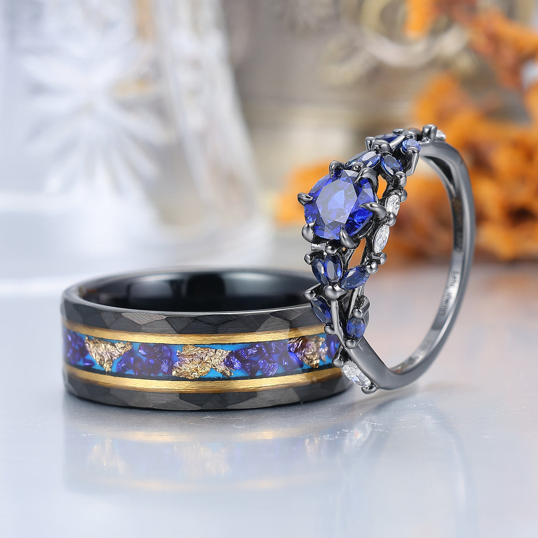 Ensemble de bagues de mariage en saphir bleu et tungstène noir pour couples