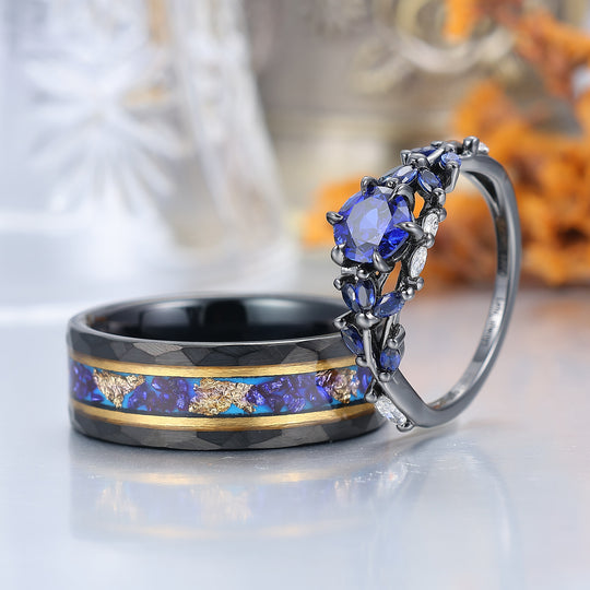 Ensemble de bagues de mariage en saphir bleu et tungstène noir pour couples