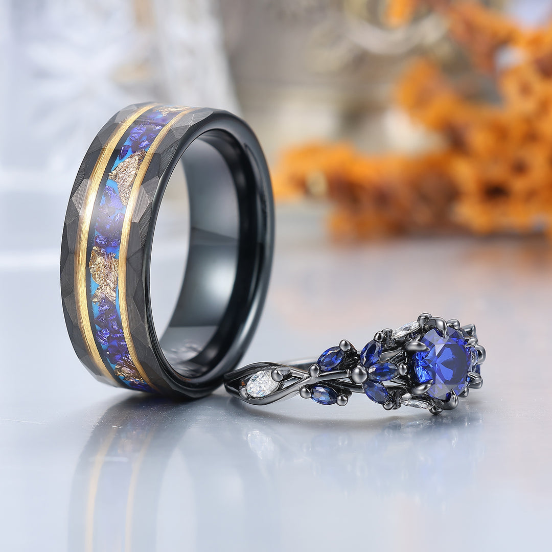 Ensemble de bagues de mariage en saphir bleu et tungstène noir pour couples