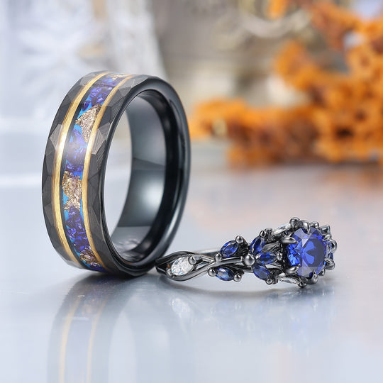 Ensemble de bagues de mariage en saphir bleu et tungstène noir pour couples