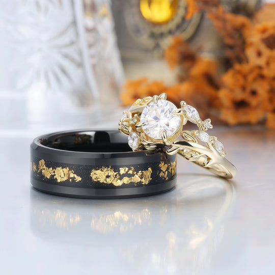 Art Deco Floral Leaf Moissanite Engagement His and Hers Wedding Ring Matching Promise Couple Ring Set For Gift -  Esdomera.com