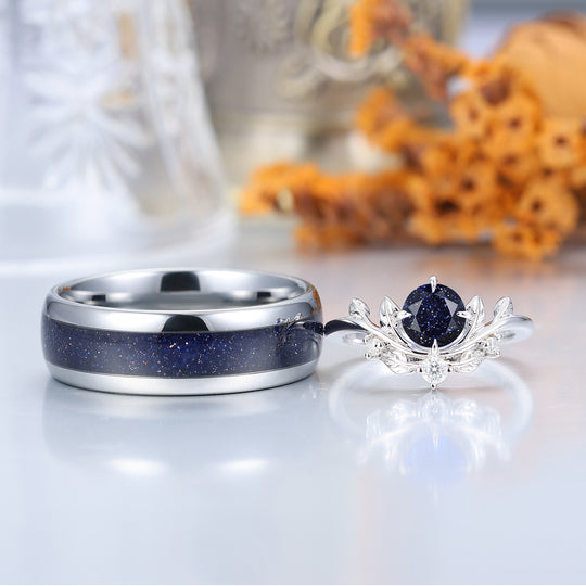 Bague de couple assortie en pierre bleue ronde taillée, délicate — feuillage, ensemble unique brillant pour lui et elle