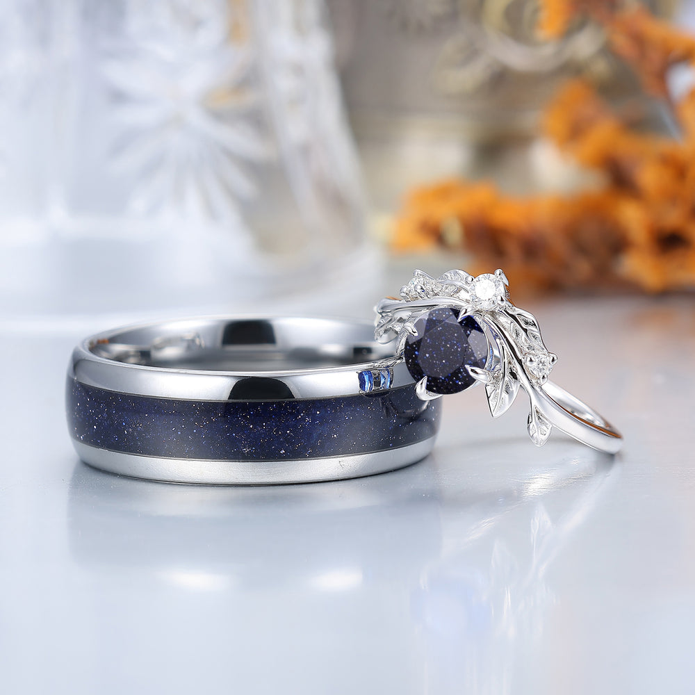 Dainty Round Cut Blue Sandstone Leaves Couples Ring Unique Shinning His And Hers Ring Set