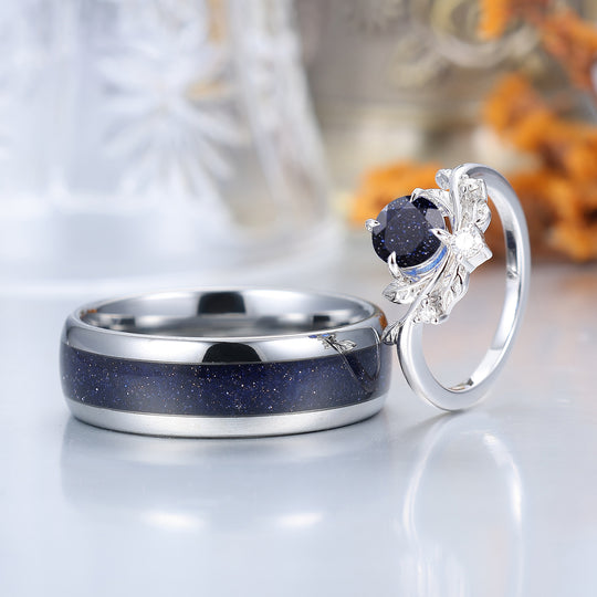 Bague de couple assortie en pierre bleue ronde taillée, délicate — feuillage, ensemble unique brillant pour lui et elle