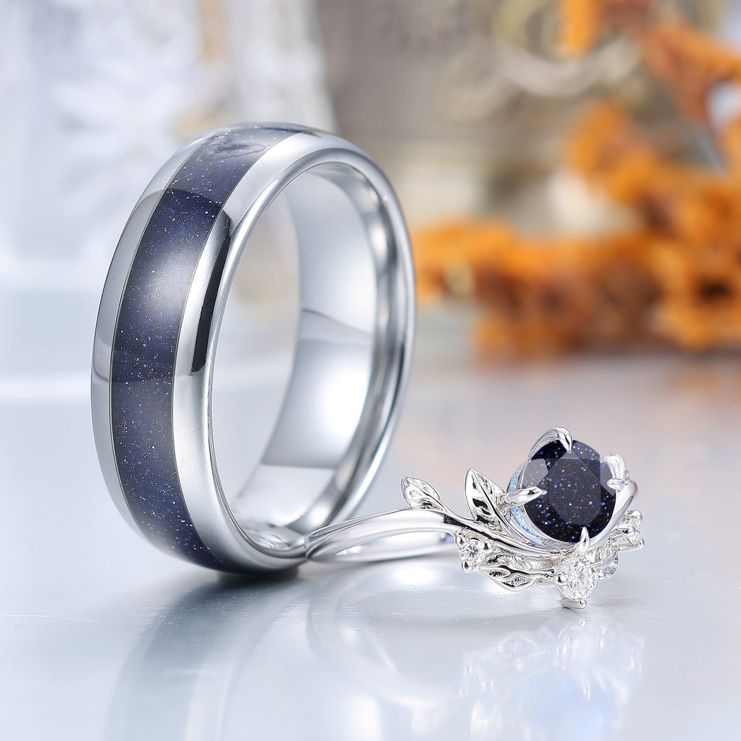 Bague de couple assortie en pierre bleue ronde taillée, délicate — feuillage, ensemble unique brillant pour lui et elle