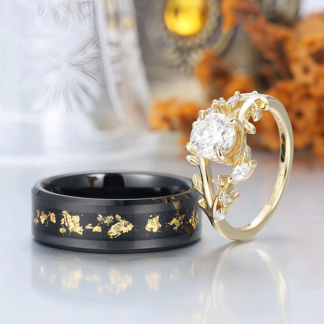 Art Deco Floral Leaf Moissanite Engagement His and Hers Wedding Ring Matching Promise Couple Ring Set For Gift -  Esdomera.com