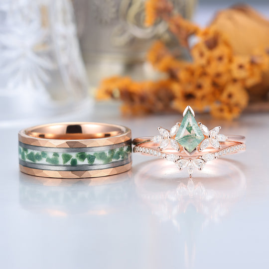 Noble Petal Kite Cut Moosachat Ring Set 925 Sterlingsilber und Wolfram Paar-Ring