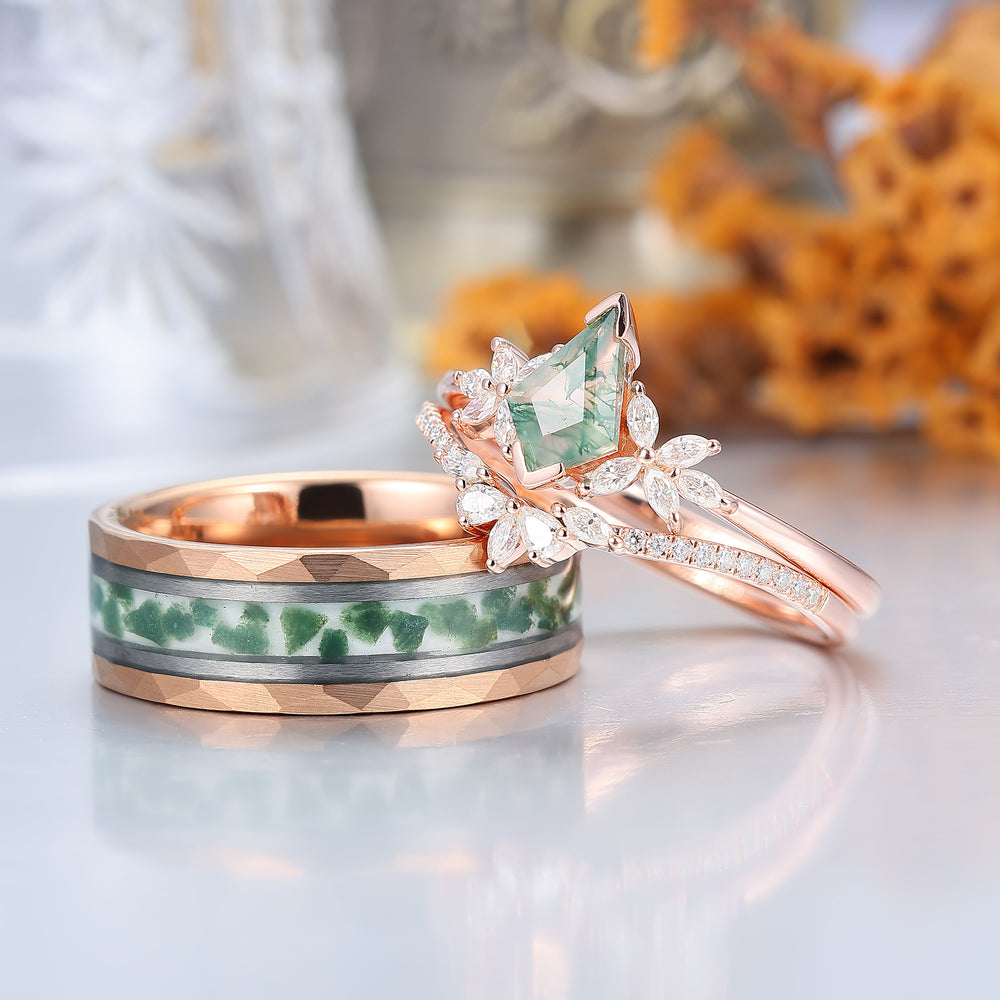 Noble Petal Kite Cut Moss Agate Ring Set 925 Sterling Silver And Tungsten Couples Ring