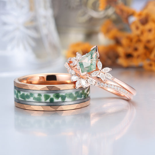 Noble Petal Kite Cut Moosachat Ring Set 925 Sterlingsilber und Wolfram Paar-Ring