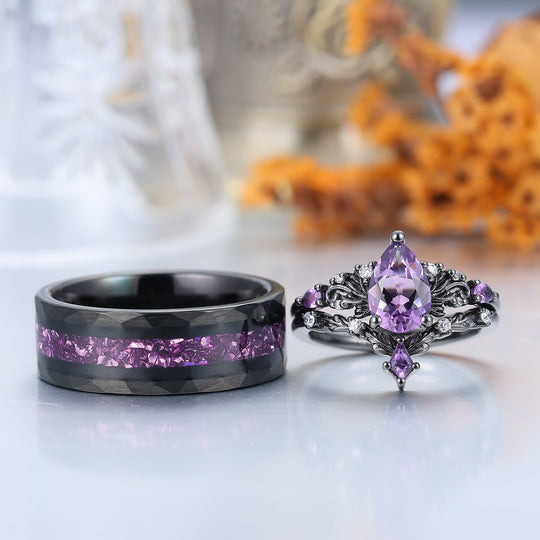 Scrollwork Natural Amethyst Rings For Couple Purple Amethyst Engraved Floral His And Hers Ring Set