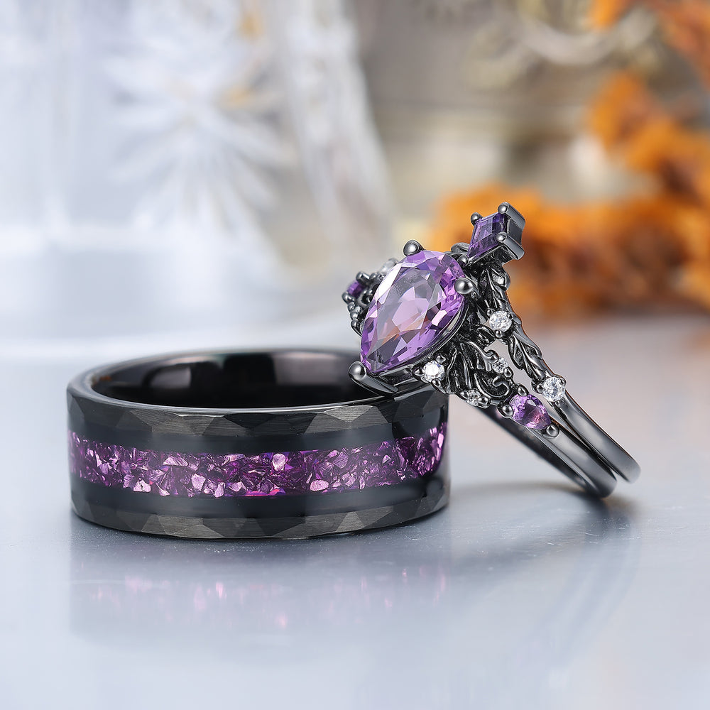 Set di anelli da lui e da lei in ametista naturale viola con incisione floreale e motivi a volute