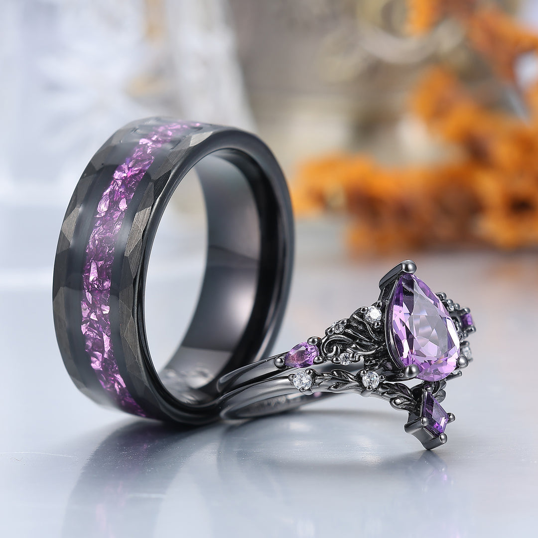 Scrollwork Natural Amethyst Rings For Couple Purple Amethyst Engraved Floral His And Hers Ring Set