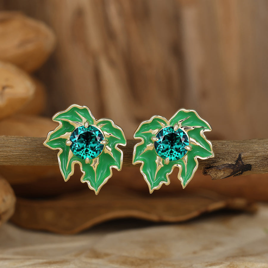Green Leaf Design Round Emerald Earrings Handmade Enamel Coated Stud Earrings -  Esdomera.com
