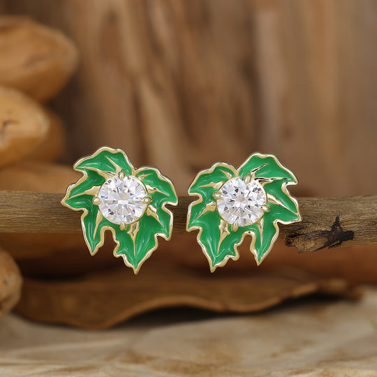 Leaf Inspired Green Enamel Stud Earrings Round Moissanite Inlay Earrings For Women -  Esdomera.com