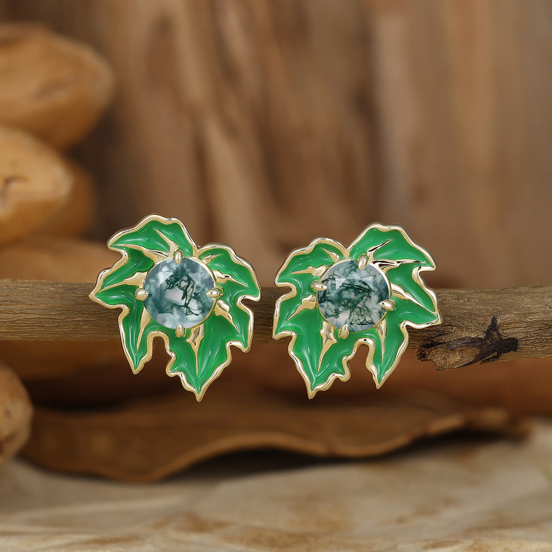 Leaf Enamel Coated Design Earrings Artisan Round Moss Agate Stud Earrings -  Esdomera.com