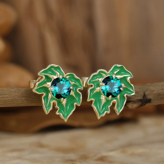 Green Leaf Design Round Emerald Earrings Handmade Enamel Coated Stud Earrings -  Esdomera.com