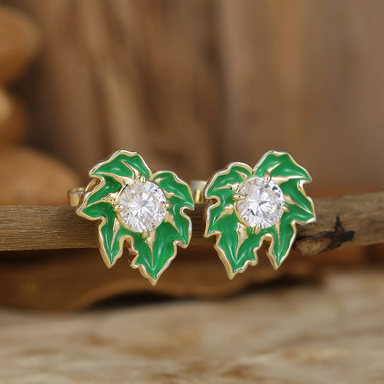 Leaf Inspired Green Enamel Stud Earrings Round Moissanite Inlay Earrings For Women -  Esdomera.com