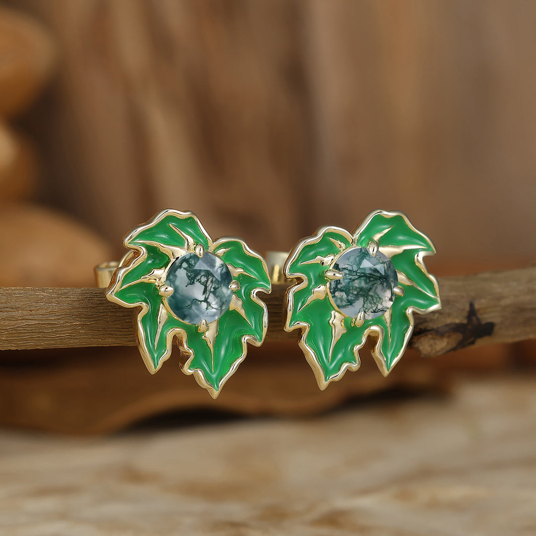 Leaf Enamel Coated Design Earrings Artisan Round Moss Agate Stud Earrings -  Esdomera.com
