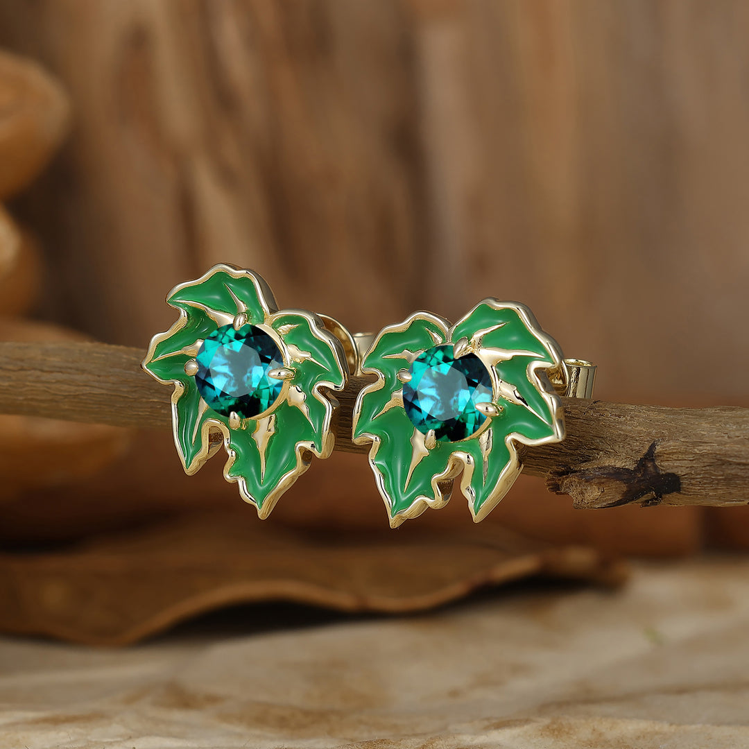 Green Leaf Design Round Emerald Earrings Handmade Enamel Coated Stud Earrings -  Esdomera.com