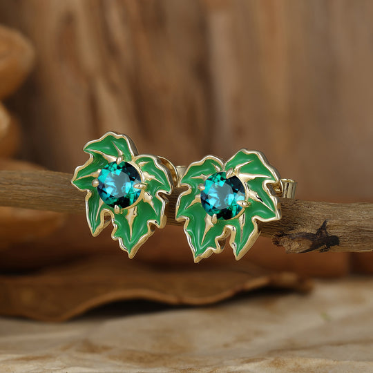 Green Leaf Design Round Emerald Earrings Handmade Enamel Coated Stud Earrings -  Esdomera.com