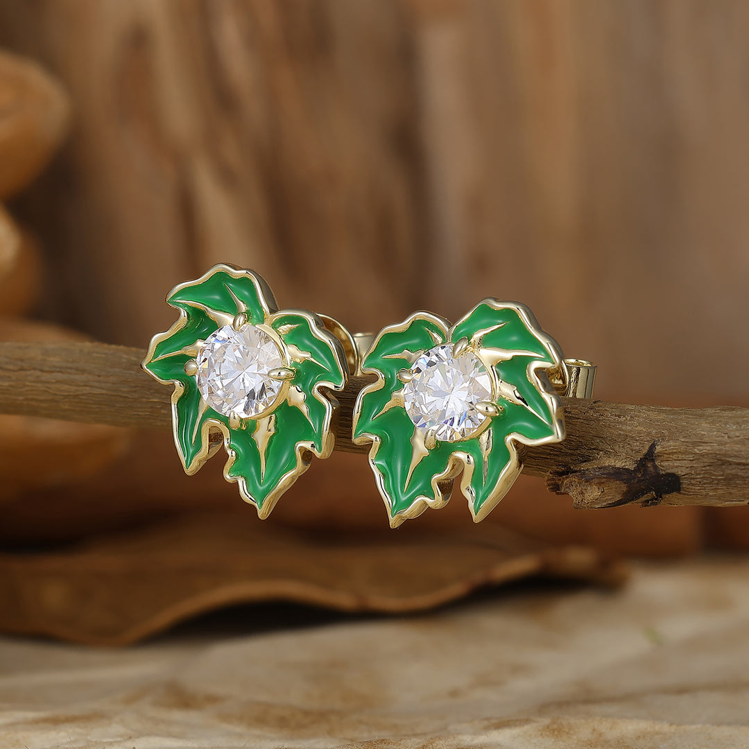Leaf Inspired Green Enamel Stud Earrings Round Moissanite Inlay Earrings For Women -  Esdomera.com