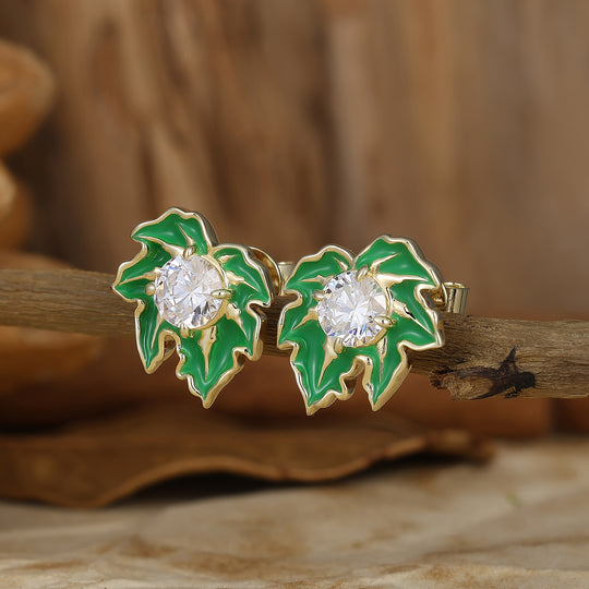 Leaf Inspired Green Enamel Stud Earrings Round Moissanite Inlay Earrings For Women -  Esdomera.com