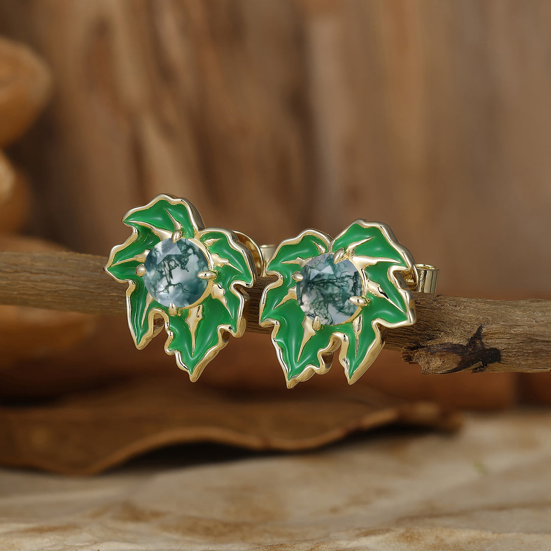 Leaf Enamel Coated Design Earrings Artisan Round Moss Agate Stud Earrings -  Esdomera.com