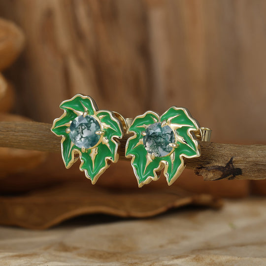 Leaf Enamel Coated Design Earrings Artisan Round Moss Agate Stud Earrings -  Esdomera.com