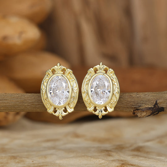 Baroque Oval Moissanite Stud Earrings Flourish Royal Style Bridal Earrings For Women