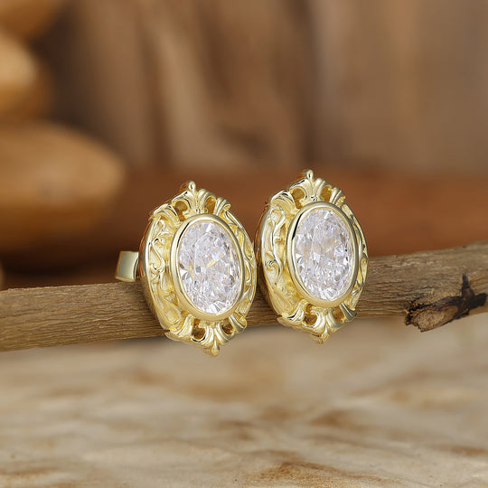 Baroque Oval Moissanite Stud Earrings Flourish Royal Style Bridal Earrings For Women