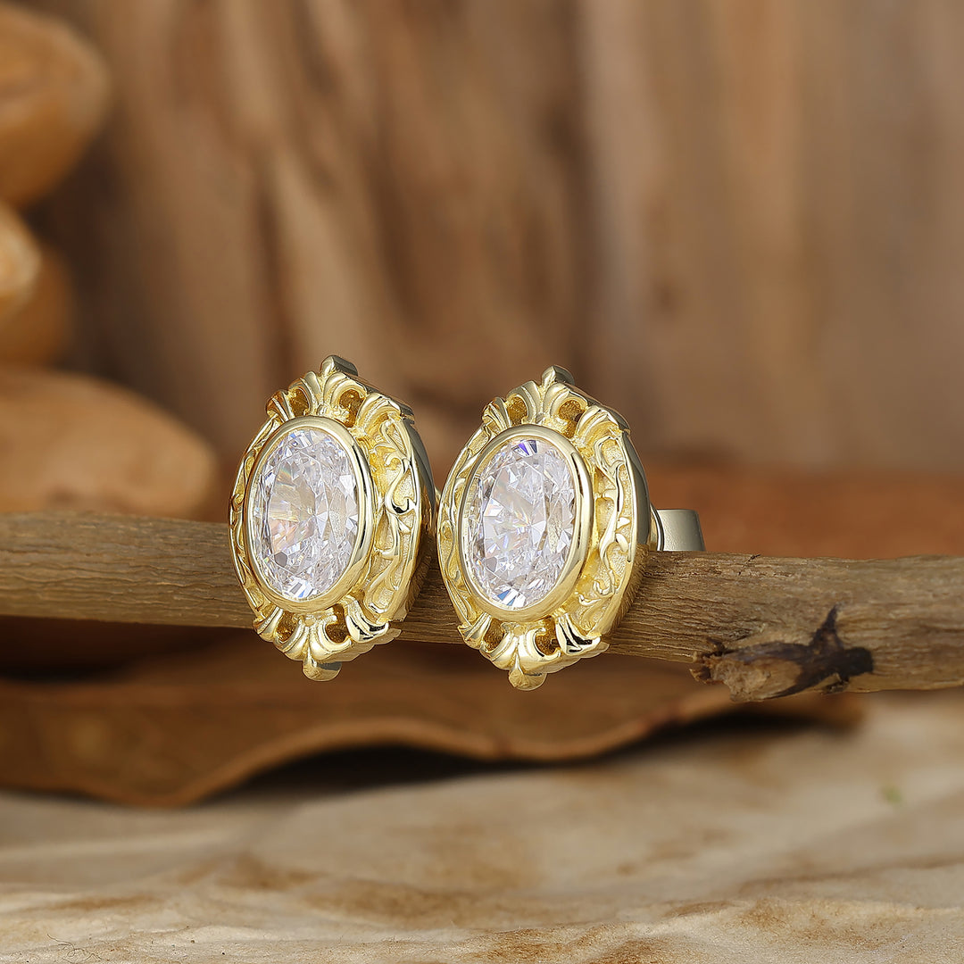 Baroque Oval Moissanite Stud Earrings Flourish Royal Style Bridal Earrings For Women