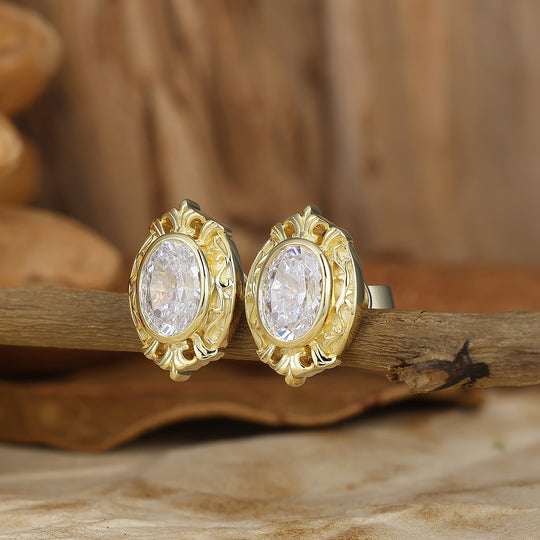 Baroque Oval Moissanite Stud Earrings Flourish Royal Style Bridal Earrings For Women