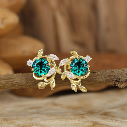 Natural Inspired Round Emerald Stud Earrings Enveloped Leaf Sprig Wedding Earrings For Women -  Esdomera.com