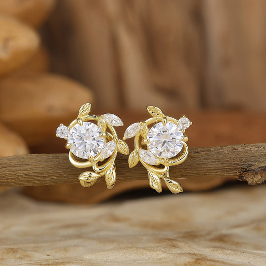 Natural Fern Style Round Moissanite Stud Earrings Elegant Leaf Women Marriage Earrings