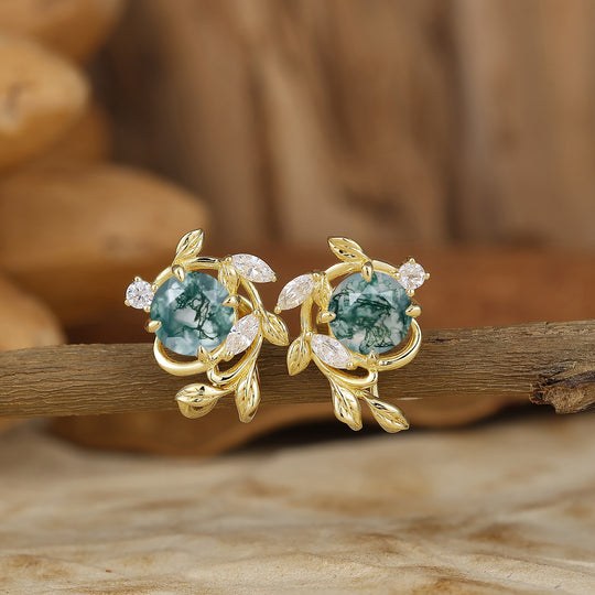 Leaf Inspired Round Moss Agate Stud Earrings Enveloped Sprig Green Marriage Earrings For Women -  Esdomera.com