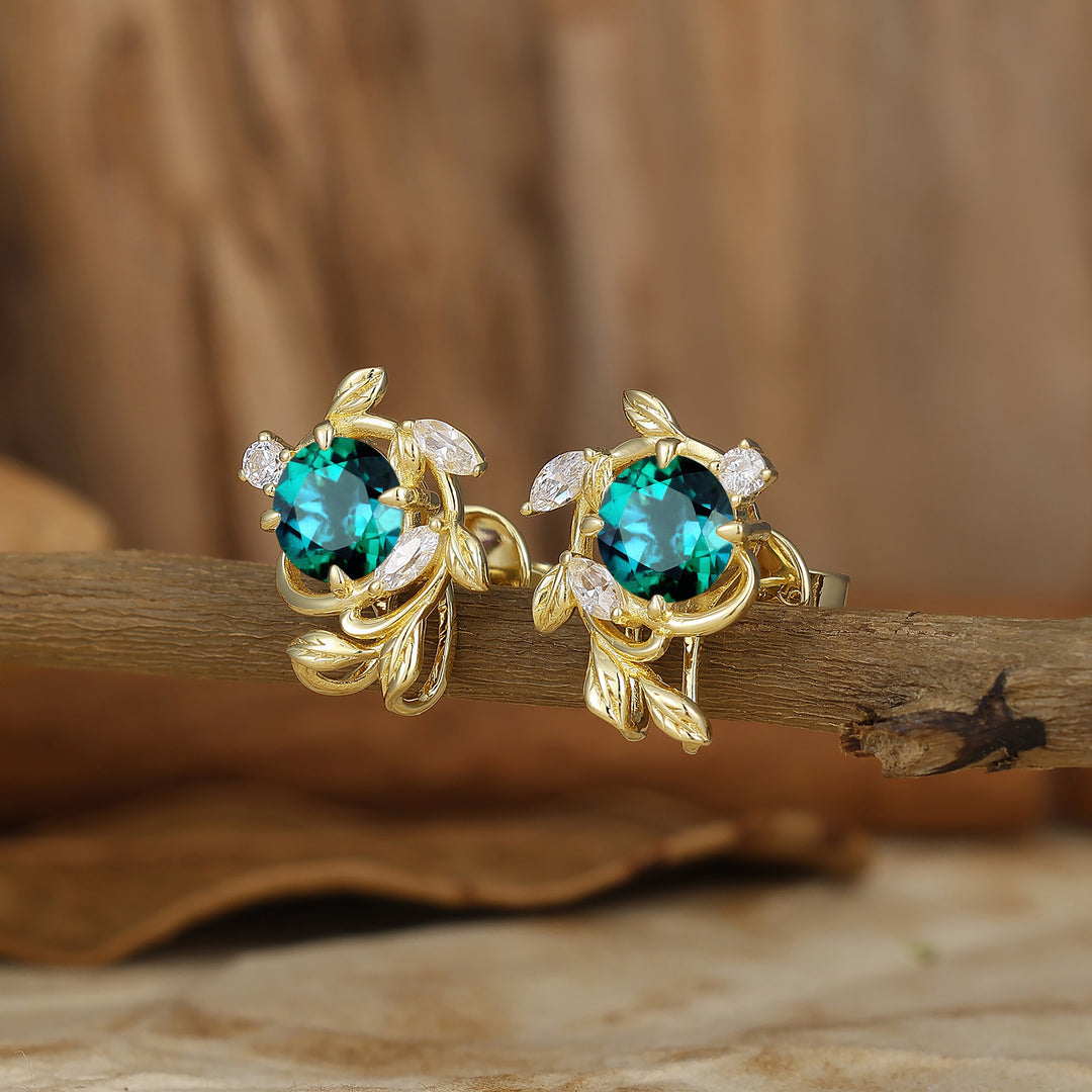 Natural Inspired Round Emerald Stud Earrings Enveloped Leaf Sprig Wedding Earrings For Women -  Esdomera.com