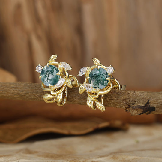 Leaf Inspired Round Moss Agate Stud Earrings Enveloped Sprig Green Marriage Earrings For Women -  Esdomera.com