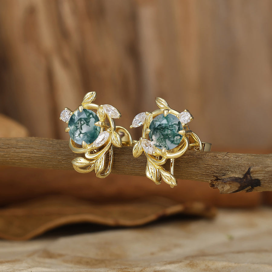 Leaf Inspired Round Moss Agate Stud Earrings Enveloped Sprig Green Marriage Earrings For Women -  Esdomera.com