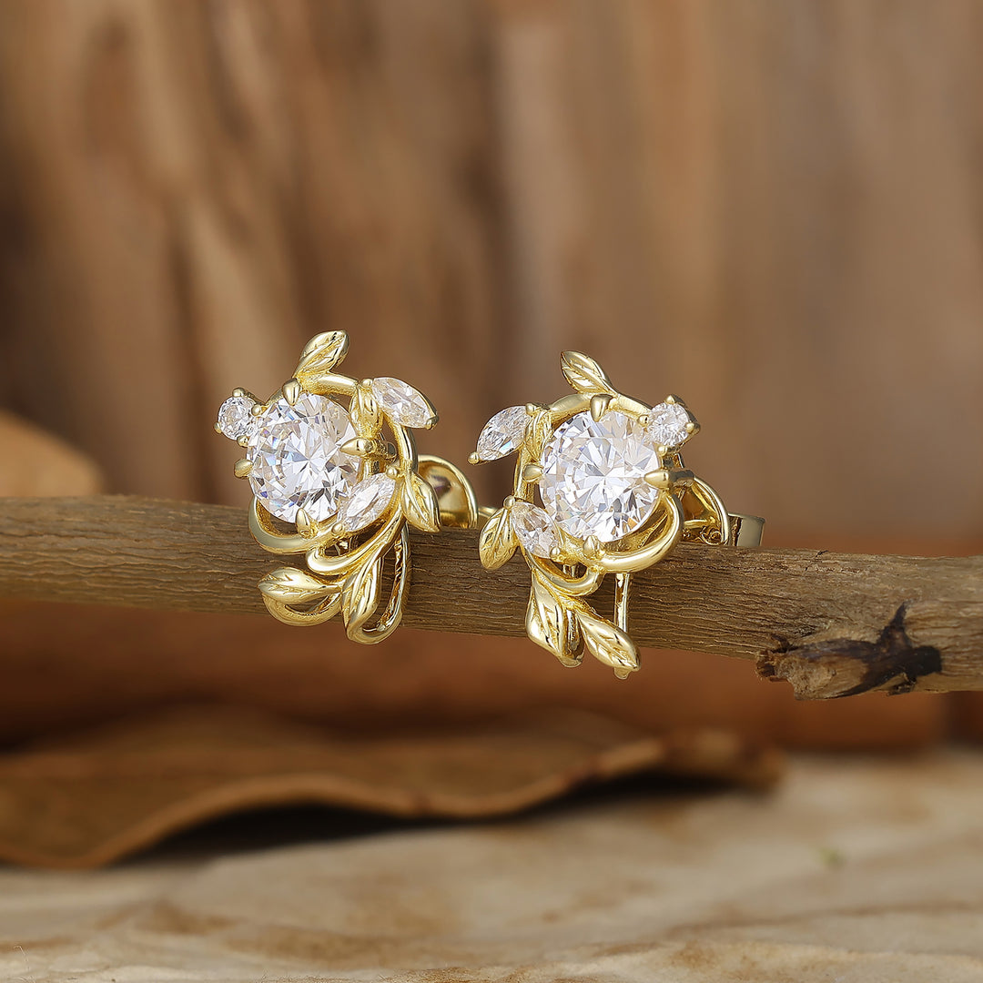 Natural Fern Style Round Moissanite Stud Earrings Elegant Leaf Women Marriage Earrings