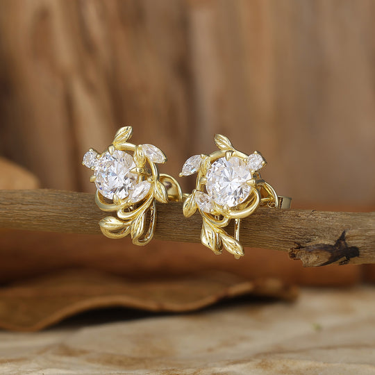 Natural Fern Style Round Moissanite Stud Earrings Elegant Leaf Women Marriage Earrings
